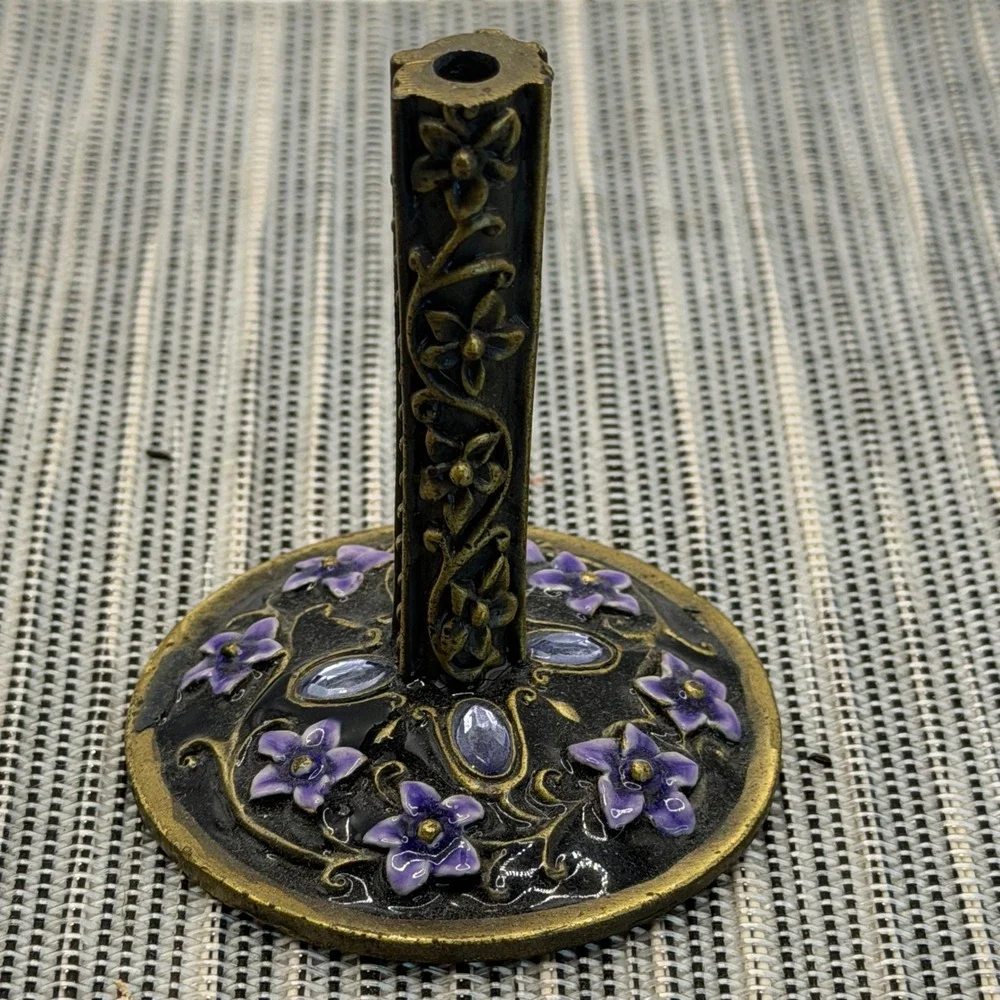 Vintage Floral Ring Holder Bronze Metal Purple Enamel Flower Rhinestone Stand 2